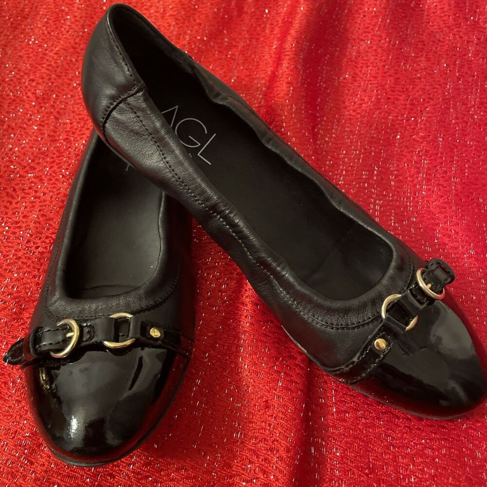 AGL Monika Black Leather Ballet Flat Cap Toe Patent Trim Women 9 Balletcore